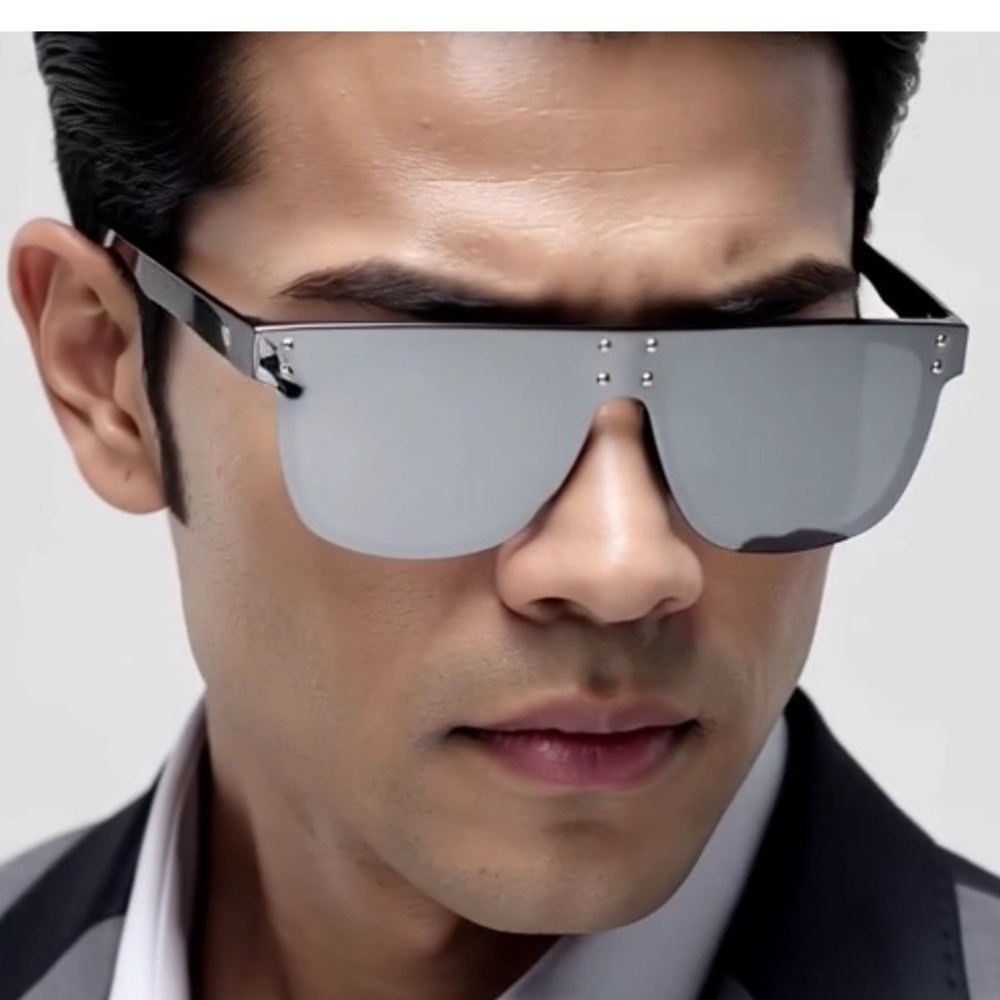 Flat Top Shield Sunglasses Silver Mirrored Lens Studded Accents Oversized Shades